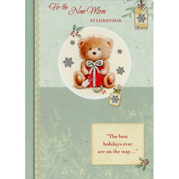 Designer Greetings Teddy Bear with Red Gift Inside Circle New Mom Christmas Card