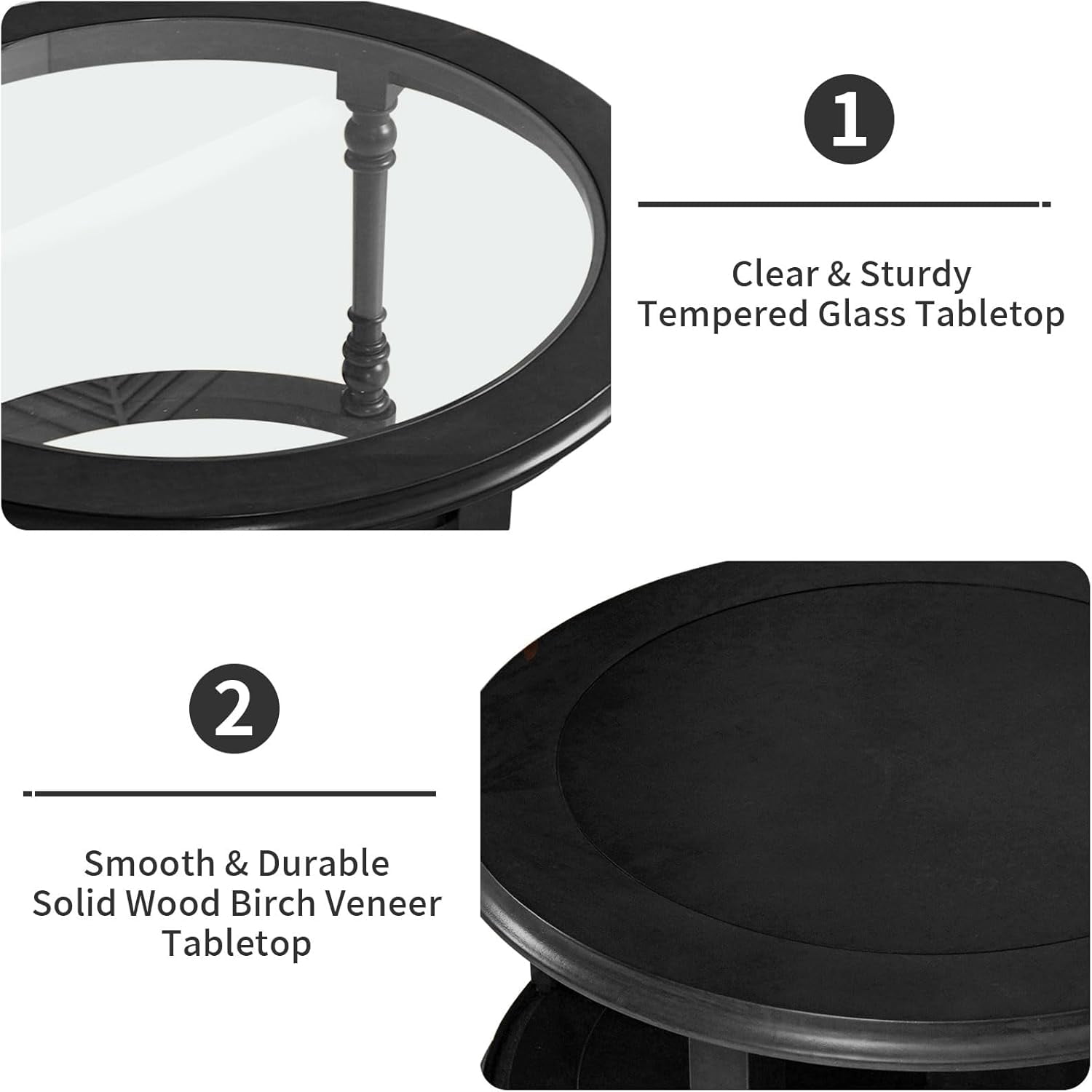 LKTART Nesting Coffee Table for Living Room,Round Tempered Glass Solid Wood Nest Coffee Tables with Storage,Retro Small Accent Center Table