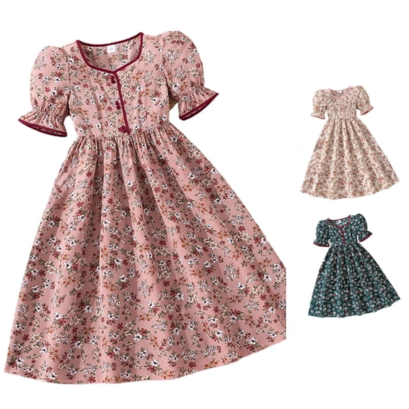 Vividxx Girls Dress Floral Print Dress Puff Sleeve Square Neckline A Line Swing Midi Dresses For Kids Party 10-11 Years