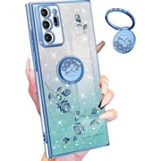 (3in1 for Samsung Galaxy Note 20 Ultra Case Glitter Sparkly for Women Girls Bling Shiny Phone Cover Cute Flowers Floral Design with Ring Pretty Blue Cases for Galaxy Note 20 Ultra 5G 6.9''