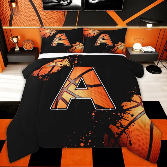 Homewish Cartoon Basketball Sports Bedding Comforter Set for Kids Boys, Black Orange Monogrammed A Twin Comforter Sets, Black Player Reversible, 2pcs