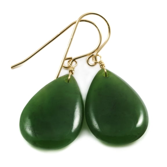Green Jade Earrings Nephrite Smooth Wide Teardrops 14k Gold Filled Spyglass Designs