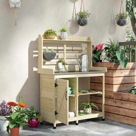Outsunny Wooden Potting Bench, Outdoor Potting Table with Storage Cabinet, Storage Shelves, Sink, Water Tap for Backyard, Patio, Balcony, Natural