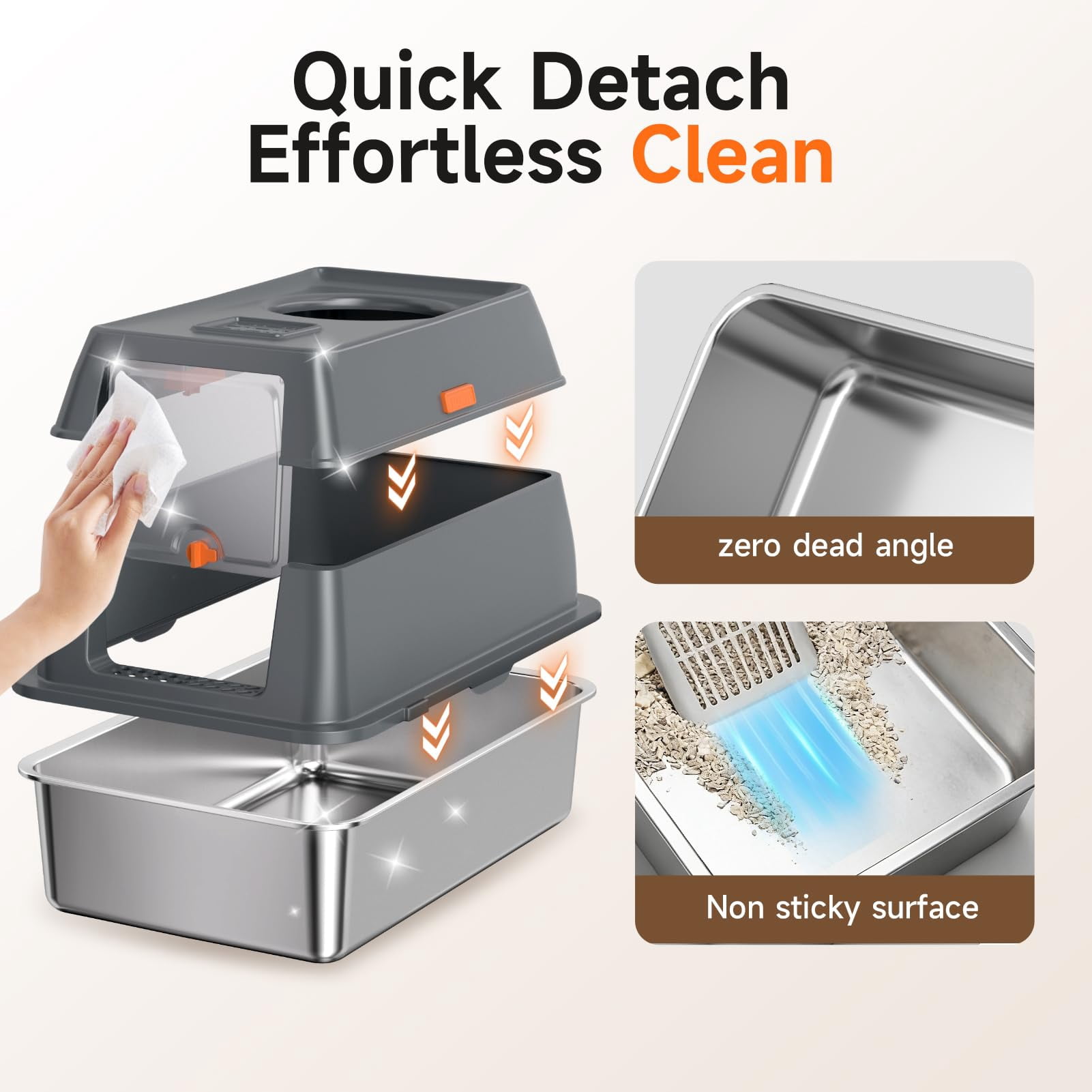 Extra Large Stainless Steel Litter Box With Lid  High Sided Enclosed Metal Cat Pan Dog Proof Front Entry Top Exit Odor Control Easy Clean Leak Includes Mat Scoop & Step Grey