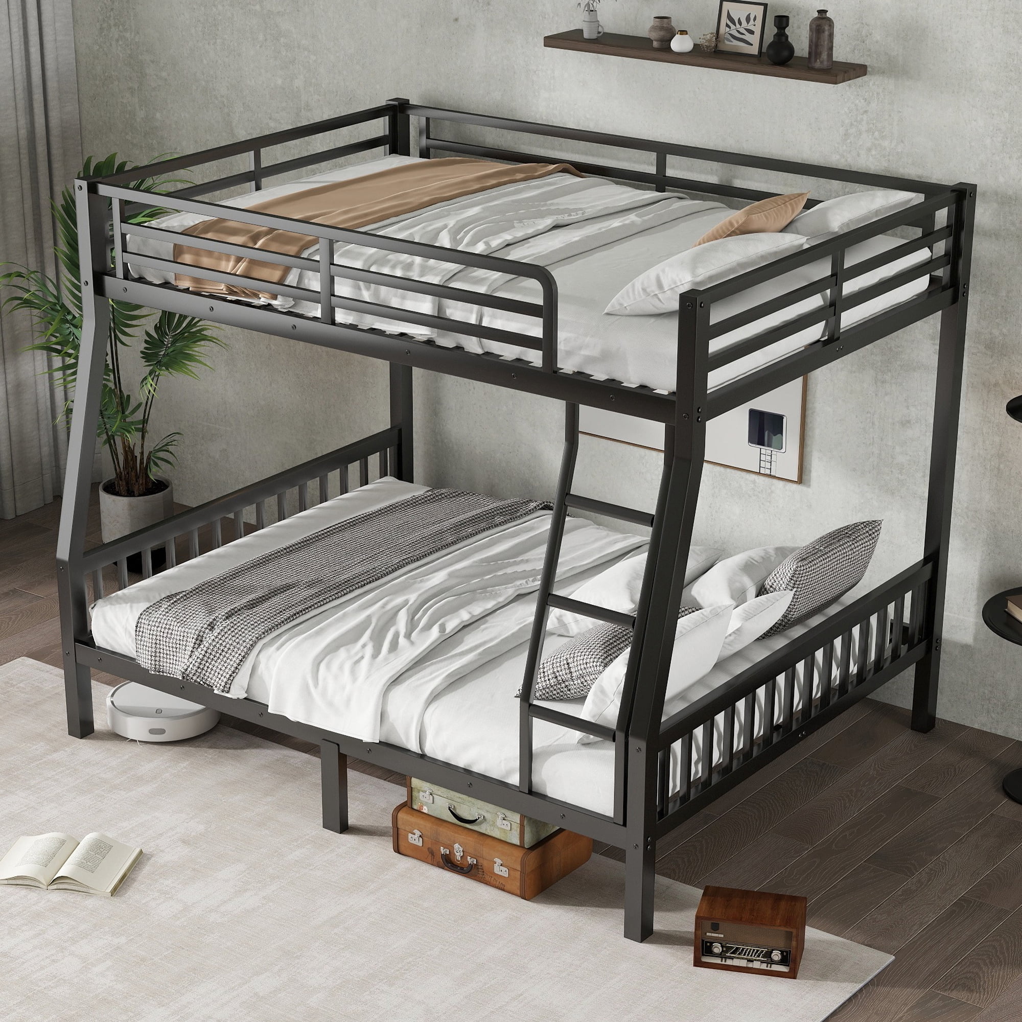 Leumius Full XL Over Queen Metal Bunk Bed with Ladder and Slats Support for Adults Teens, Black