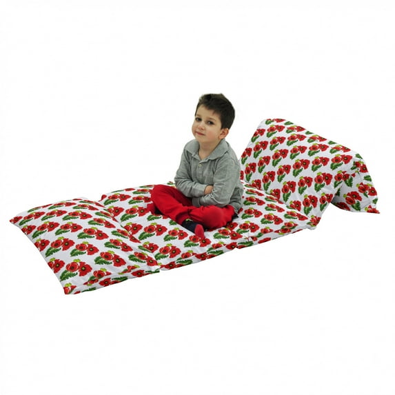 Floral Floor Pillow Lounger Cover, Meadow Blossoms Poppy Flowering Rural Foliage Nature Continuous Pattern, Nap Mat Printed Fabric Case for 5 Pillows, 88" x 36", Vermilion Green White, by Ambesonne