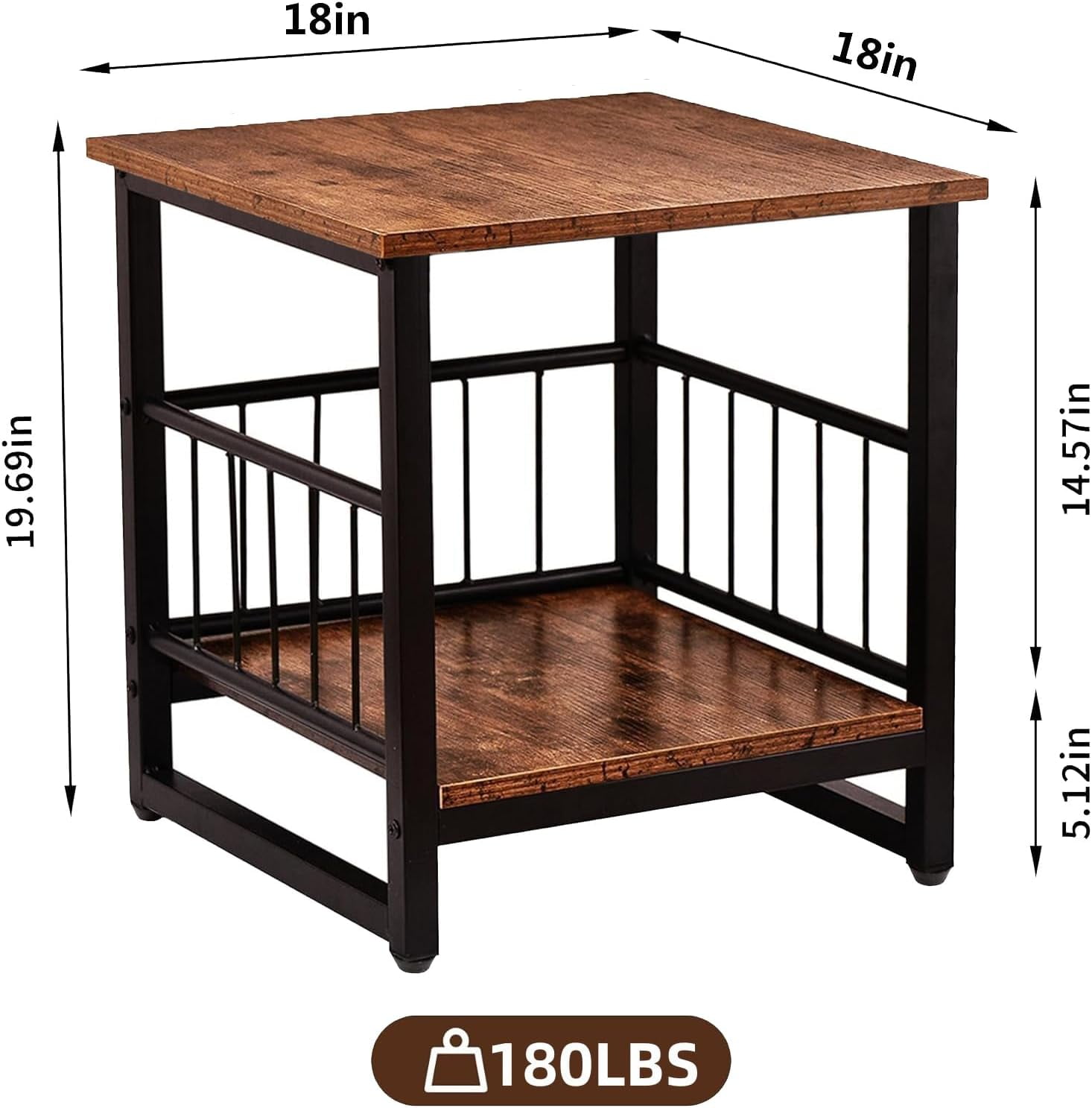 End Table, Industrial Side Table with 2-Tire Storage Shelf, 180LBS Mini Fridge Stand with Adjustable Feet, 18"x18" Wood Night Stand Small Bedside Table with Sturdy Metal Frame for Living Room Bedroom