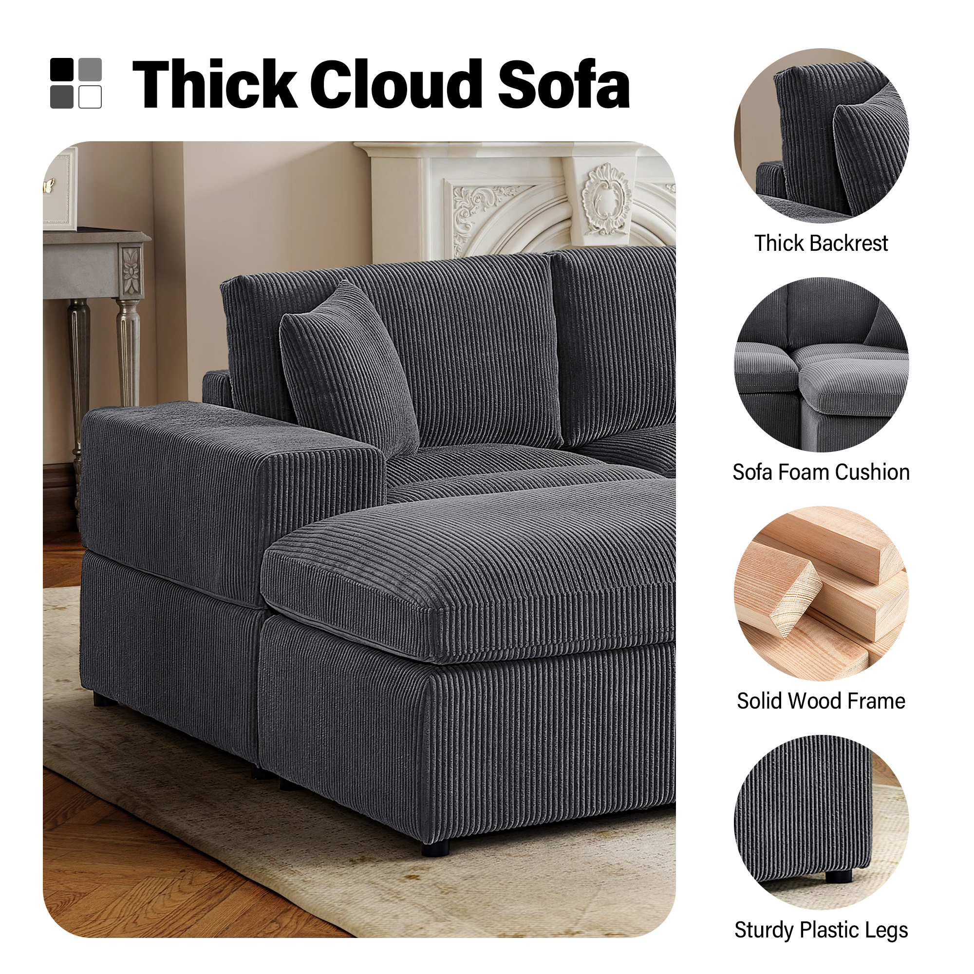 AENKYO U-Shaped Modular Sectional Sofa, Deep Seat Convertible Couch with Chaise for Living Room,Dark Gray