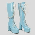 thumbnail image 6 of Xiaoxatg Women's -High Boots Solid Color Square Toe Thick High Heels Platform Glossy Leather Lace Up Pearl Chain Fashion High Boots 8 Blue, 6 of 7