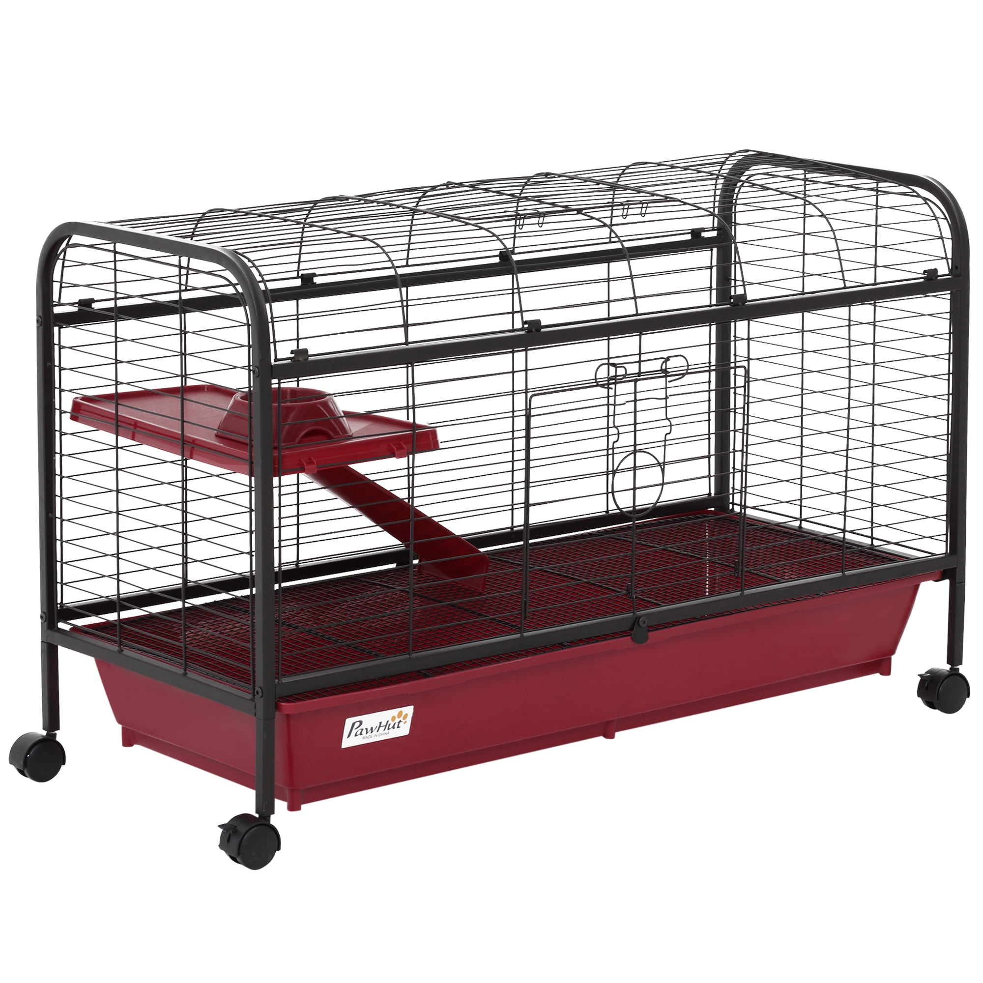 Noaman PawHut 41"L Small Animal Cage Rabbit Hutch Ferret Pet Play House with Feeder, Rolling Wheels, Platform, Ramp, Black Steel Enclosure