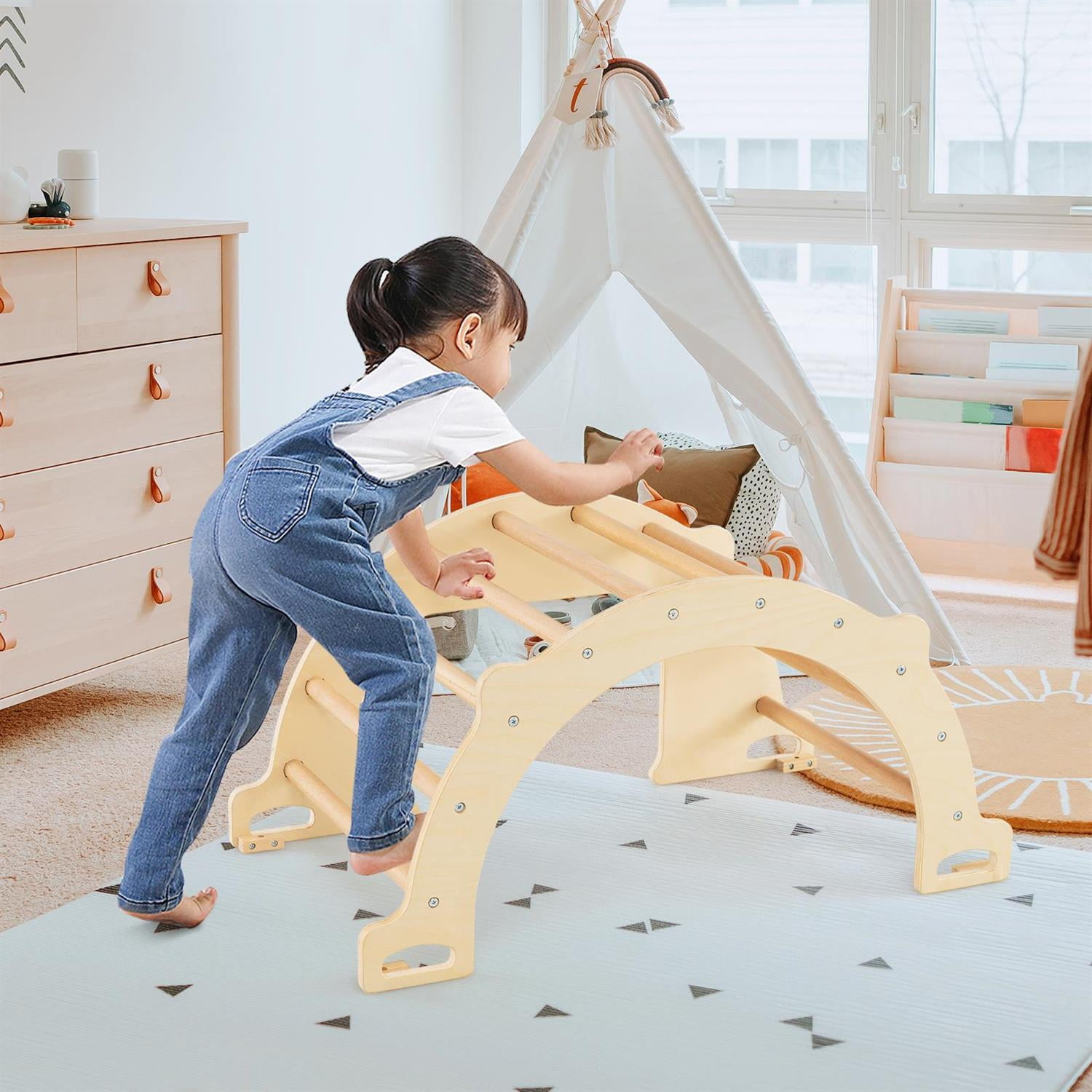 Spaco 8-in-1 Climbing Arch Sensory Table, Collapsible Storage Bin, Anti-Tip Design, Brown