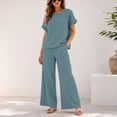 thumbnail image 4 of Summer Vacation Two Piece Outfit Women Embroidery Short Sleeve Tops Wide Leg Pants Lightweight Casual Travel Set Navy S, 4 of 9