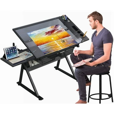 Funnil Glass Drafting Tables,Art Desk with 2 Metal Drawers Adjustable Height 24.01-35.82" Black
