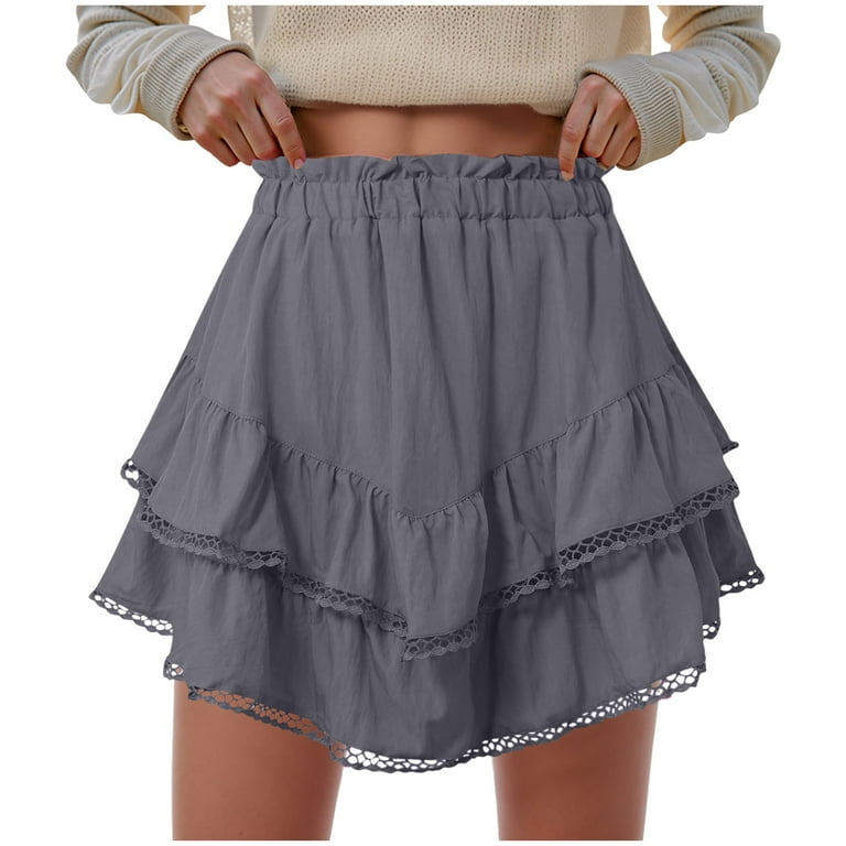 vigerkar Women's High Waist Ruffle Mini Skirt Lace Trim Flowy Boho