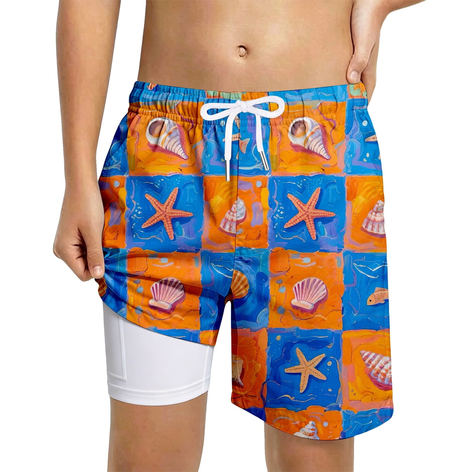 Rggeeun Baby Boys Swimsuit Set Cartoon Print Double Layer Trunks Wide Leg Elastic Waist with Adjustable Tie Knee Length for Summer Holiday Beach Lovely Swim Wear Multicolor 13-14 Years