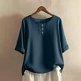 thumbnail image 2 of Pxxlle Half Sleeve Shirts for Women Casual Cotton Linen Crewneck Shirt Solid Color Summer T Shirts Navy M, 2 of 6