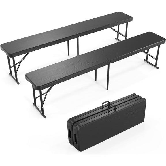 VINGLI 6 feet Plastic Folding Bench,Portable in/Outdoor Picnic Party Camping Dining Seat, Garden Soccer Multipurpose Entertaining Activities, Tree Patterned HDPE Tabletop, 2 Pack, Black