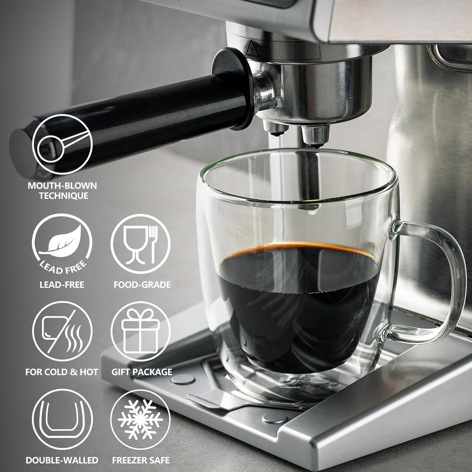 12.5 oz Double Wall Glass Coffee Mugs Set of 2 - Insulated for Espresso, Latte, Tea Beverages