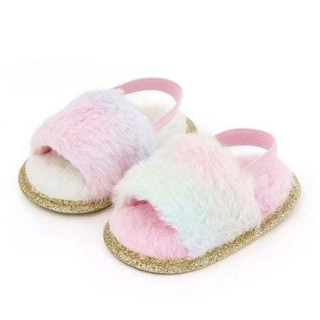 

Baby Girls Newborn Soft Sole Walking Shoes Sandals Fur Crib Slippers Cute Summer Autumn Casual Flats Non-Slip Indoor First Walkers Princess Dress for Christmas 0-12M