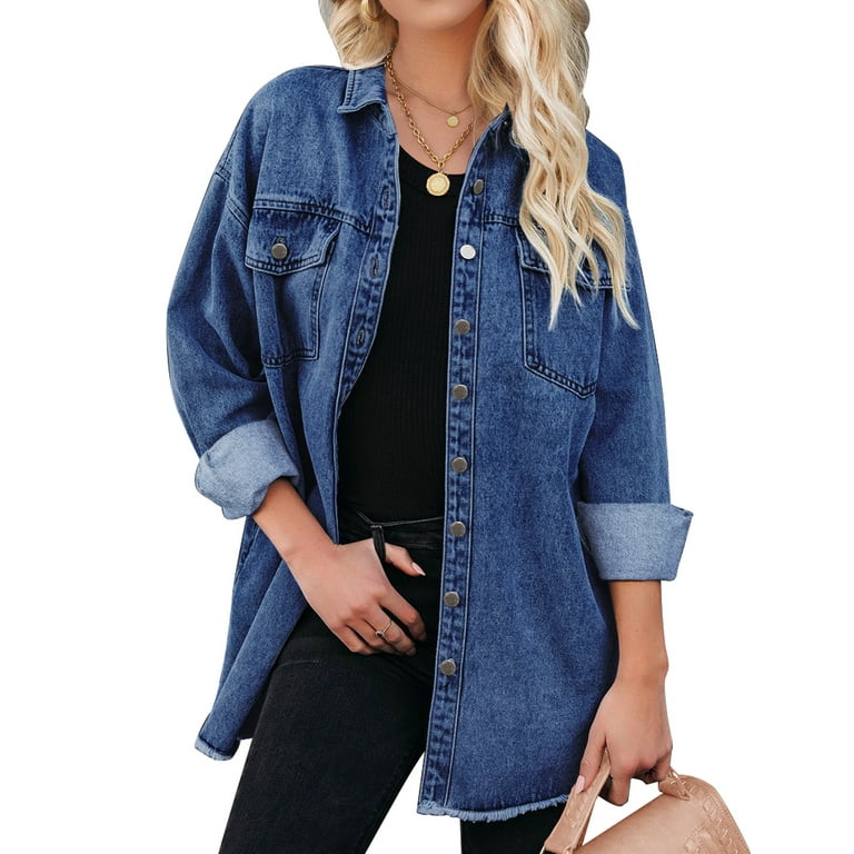 Vetinee Women's Oversized Button Up Frayed Hem Denim Jacket Button Down  Long Sleeve Pockets Jean Jacket Size S-2XL 