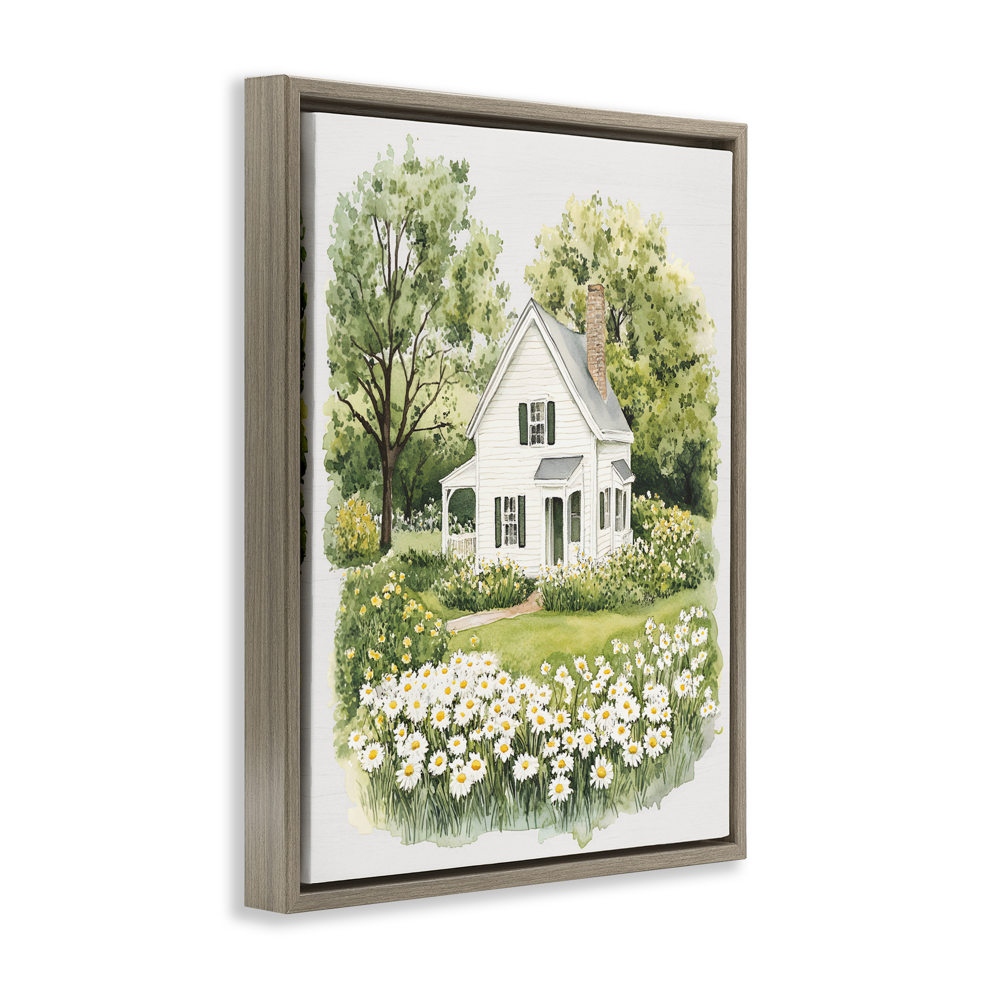 Quaint Countryside Cottage Garden Brown Framed Floater Canvas Wall Art, design by Lettered and Lined