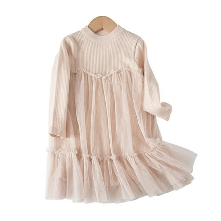 

Hbdhejl Toddler Girls Dress Kids Baby Knit Autumn Winter Solid Color Tulle Long Sleeve Princess Dress Clothes 4-5 Years