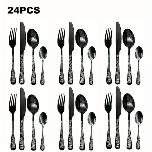 Gothic Elegance 16 24Pc Stainless Steel Cutlery Set Perfect For 4 6Ppl Featuring Skull Rose Design Includes Knives Forks Spoons Ideal Halloween Gradu