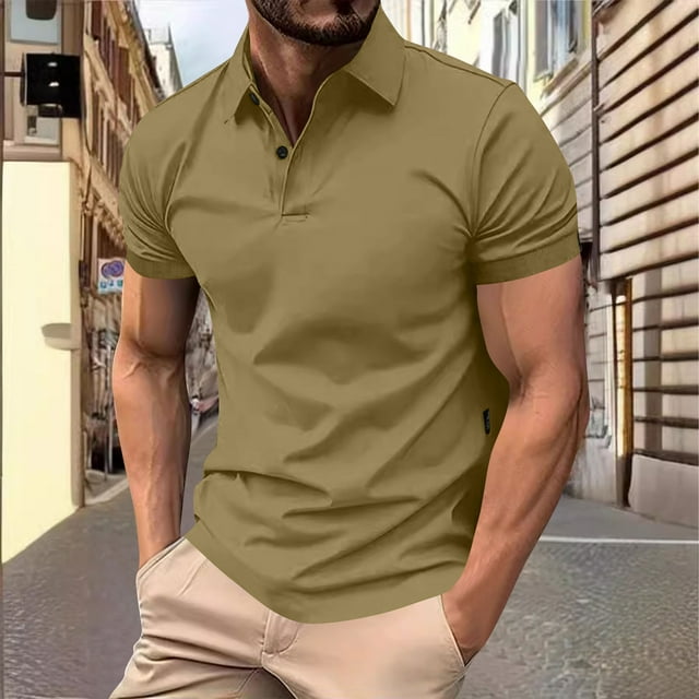 pstuiky camisetas de manga corta para hombre, Camiseta informal de manga corta con cuello redondo y solapa de color liso para hombre camisetas de hombre s