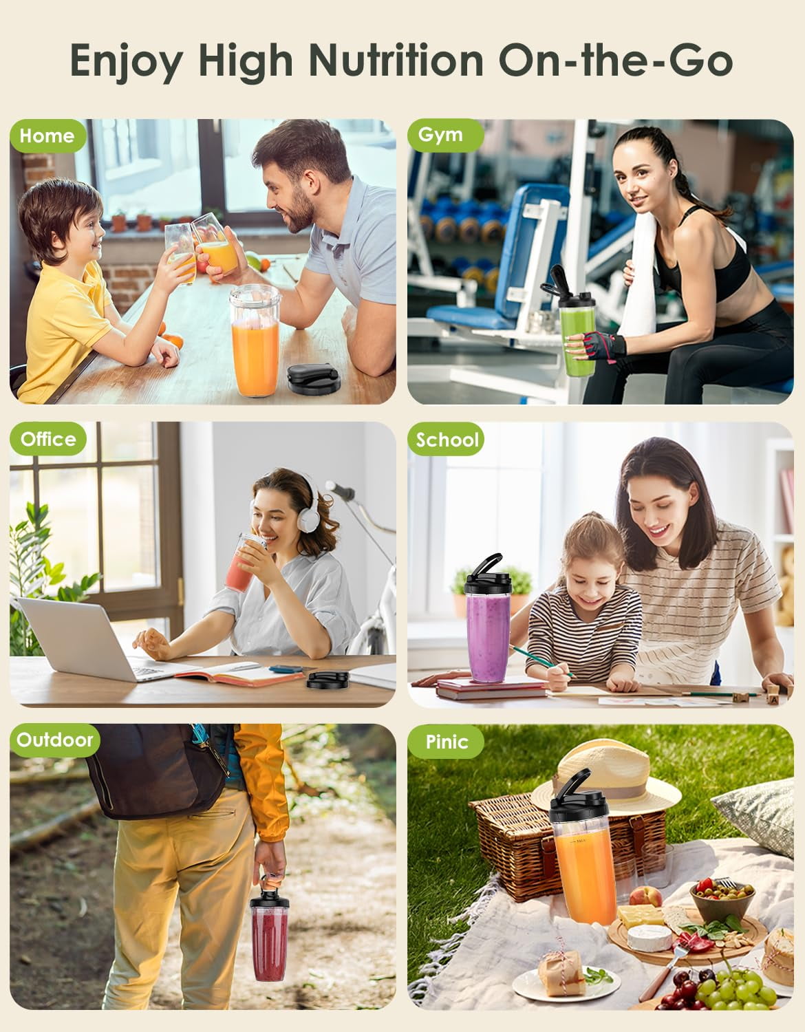 Personal Smoothie Blender, Blenders and Grinder Combo for Kitchen with 2 * 22 Oz To-Go Cup and Lid for Protein Shake, Baby Food, Frozen Drink