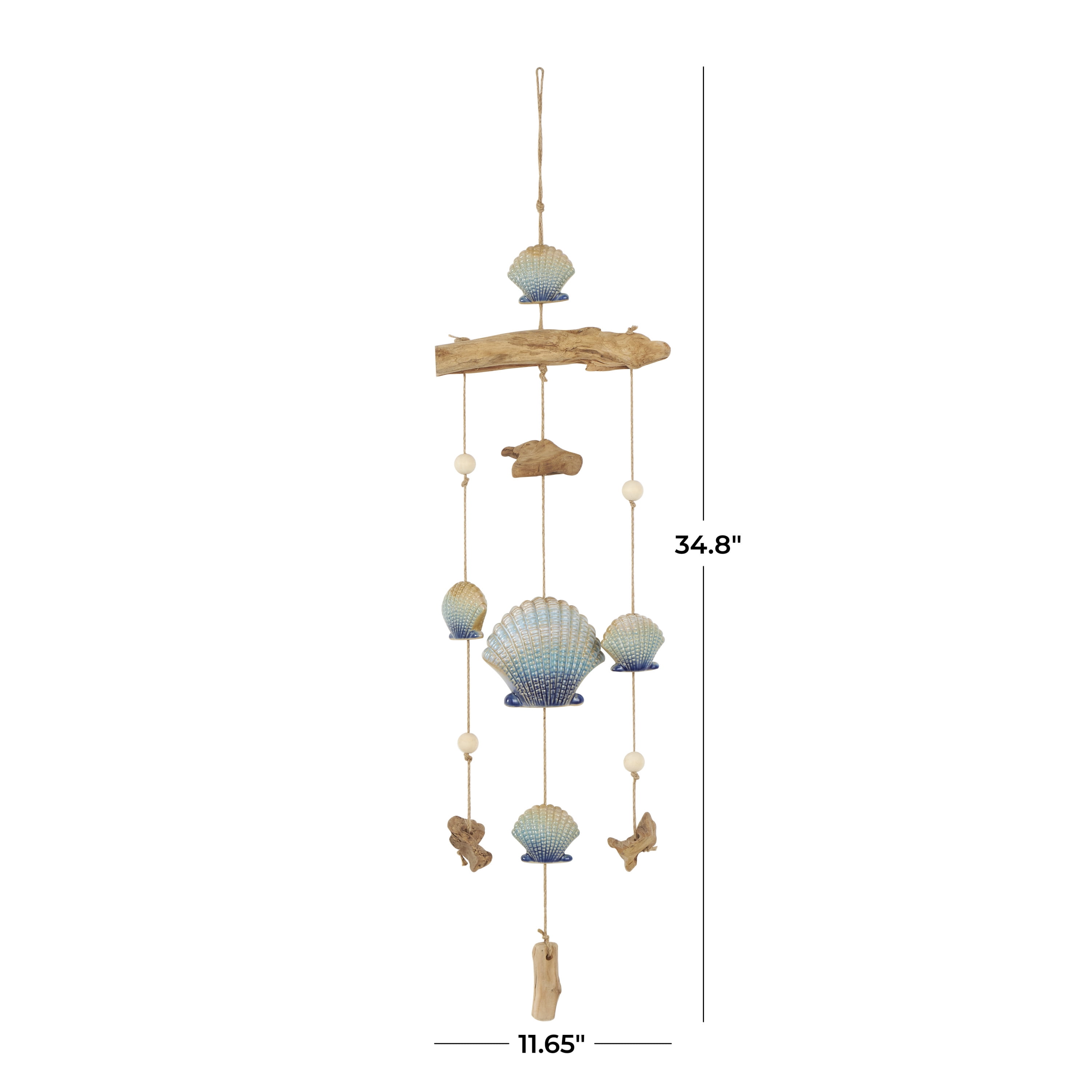 DecMode 35" Blue Ceramic Handmade Ombre Shell Windchime with Driftwood and Bead Accents