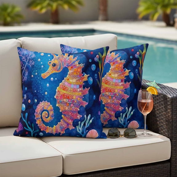 Coastal Seahorse Outdoor Pillow Covers 16x16 Inch Throw Pillow Covers Set of 2 Waterproof Decorative Pillow Cases Summer Ocean Colorful Coral Shell Cushion Covers for Patio Furniture Garden Couch