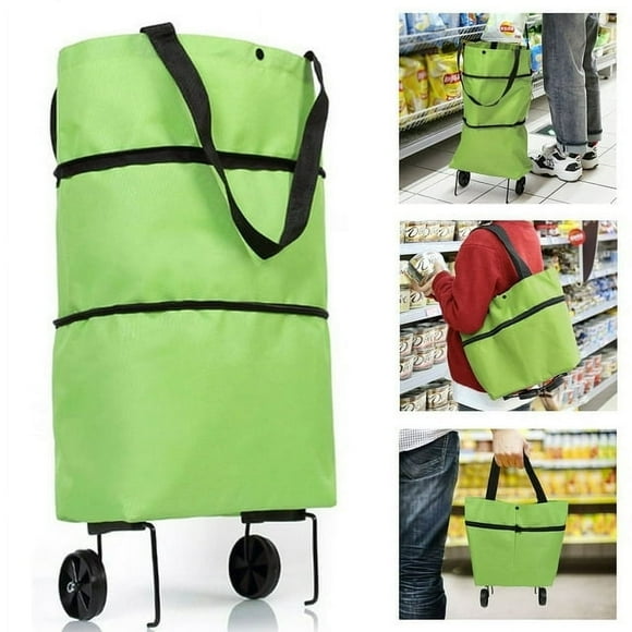 QUTETN DEN Sac de Chariot de Magasinage Pliant avec Roues Sac de Magasinage Pliant à Fermeture Éclair Sac en Tissu Oxford pour l'Épicerie avec Support à Roues et Sac Amovible Vert