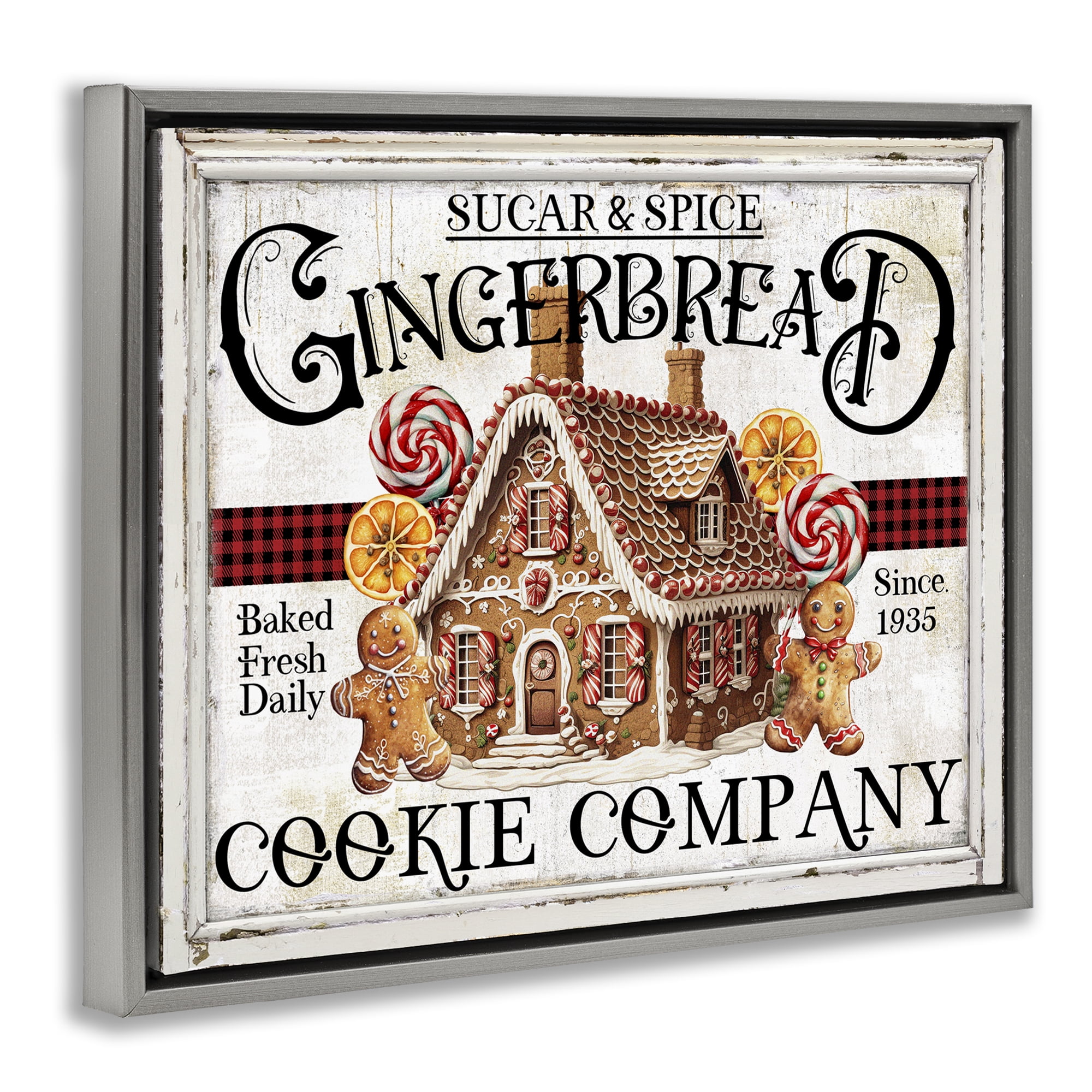 Stupell Industries Gingerbread Vintage Sign Holiday Painting Gray Floater Framed Canvas Art Prints Wall Art, 31 x 25