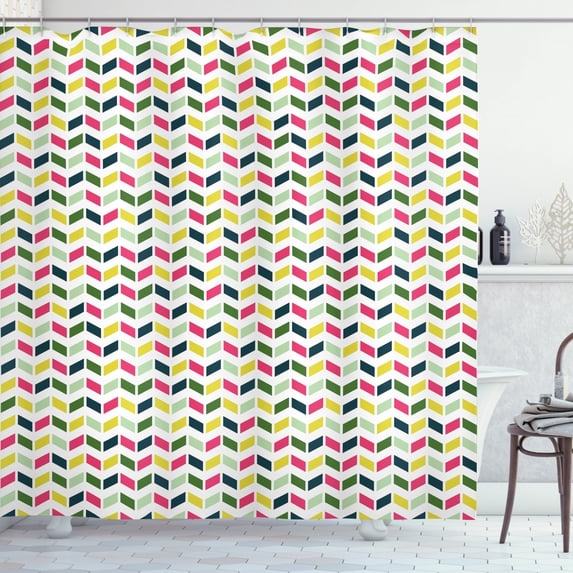 Abstract Shower Curtain, Geometric Inspired Motif Colorful Zigzags, Fabric Bathroom Set with Hooks, 69W X 75L Inches Long, Pale Green Dark Petrol Blue Fern Green Yellow Green, by Ambesonne