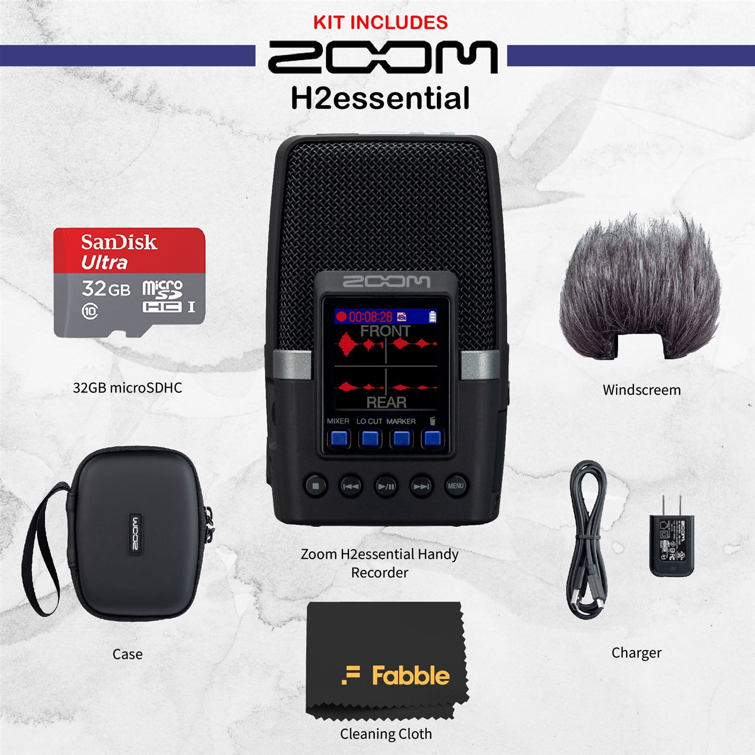 Zoom H2essential Handy Recorder Bundle – Includes APH-2e Accessory Pack (Windscreen, Shell Case, AC Adapter, USB-C Cable), 32GB microSDHC Memory Card, and Microfiber Cleaning Cloth
