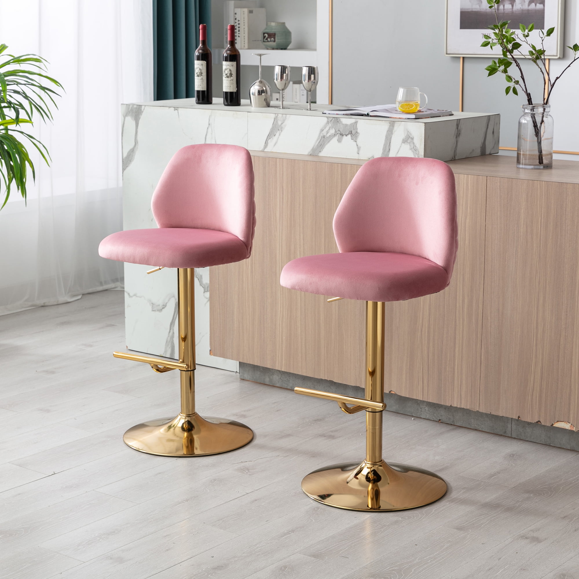 Kadyn Swivel Bar Stools Chair Set of 2, Adjustable Counter Height Barstools with Tufted High Back & Ring Pull, Pink Kadyn Swivel Bar Stools Chair Set of 2, Adjustable Counter Height Barstools with Tufted High Back & Ring Pull, Pink