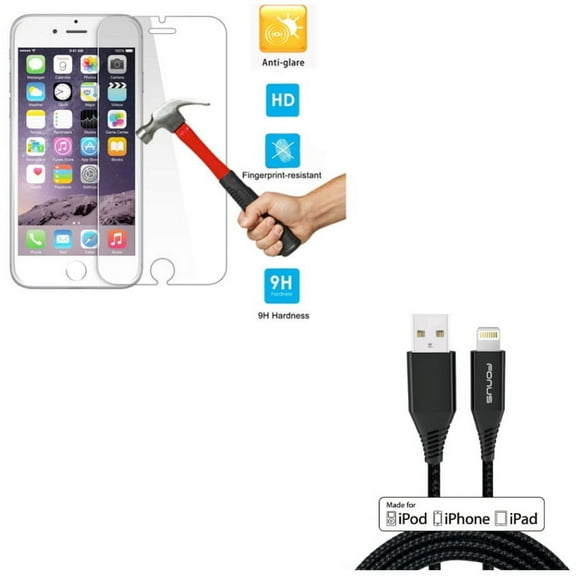 iPhone 8/7/6S/6 - Anti-Glare Screen Protector w Certified 6ft MFi USB Cable - Tempered Glass Matte 2.5D Curved Edge Anti-Fingerprint, Charger Cord Power Wire Braided Long for iPhone 8/7/6S/6