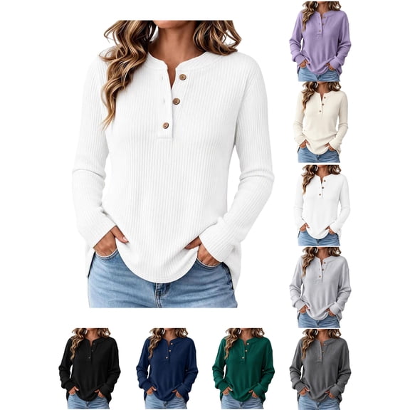 Sweater Tops for Women Zaewscy Women's Henley Neck Button Ribbed Knit Long Sleeve Loose Pullover Sweater White XXL