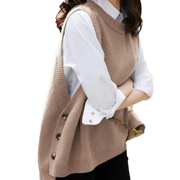 jinghuiyue Women's Sleeveless Sweater Vest Casual Crew Neck Ribbed Knit Pullover Tops Loose Fit Spring Fall Clothes L