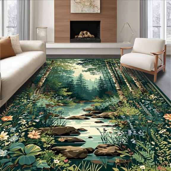 ODIKA 4'x6' Machine Washable Non-Slip Area Rug, Scandinavian Woodland High Traffic Rug, Green, 58250