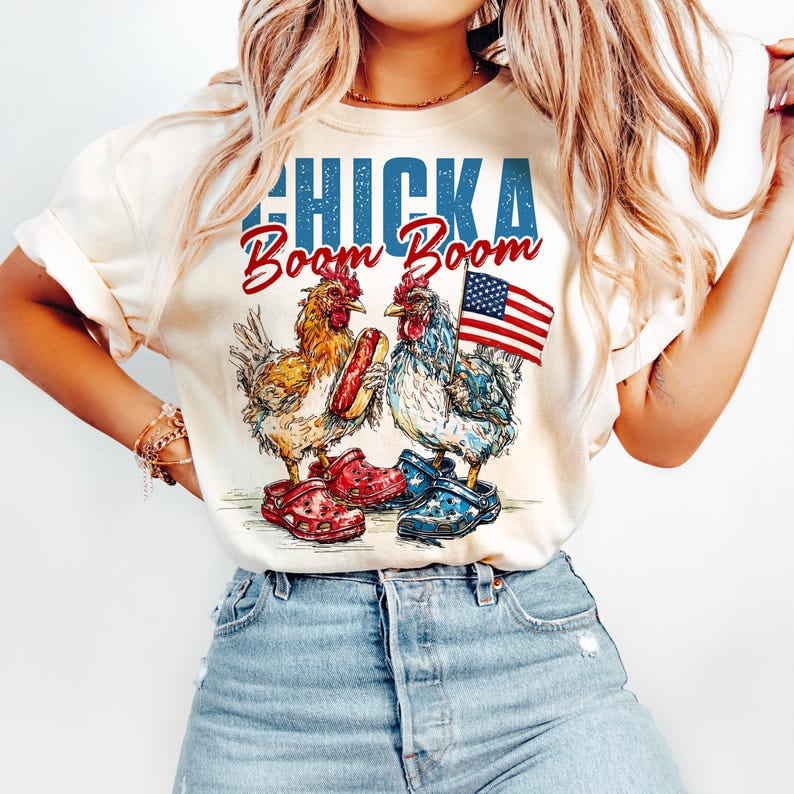Retro Chicken 4th of July Shirt, Chicka Boom Boom Tee, Funny USA Rooster T-Shirt, Patriotic Farmer Gift, Independence Day Country Shirt