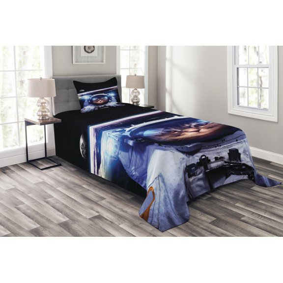 Ambesonne Space Quilted Bedspread Set 2 Pcs, Funny Astronaut Cat Humor, Twin Size, Blue White