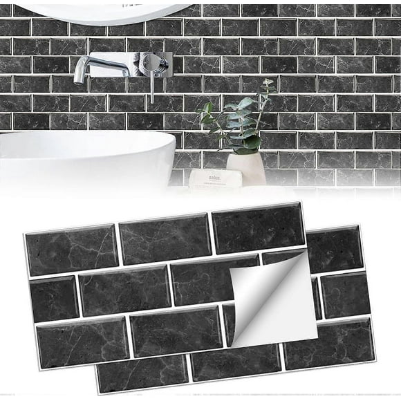 Self Adhesive Floor Tiles, 12 Pieces Self Adhesive Tiles 30 x 15 cm, Wall Sticker Painting Bathroom Tiles, DIY Waterproof Stickers (Black)