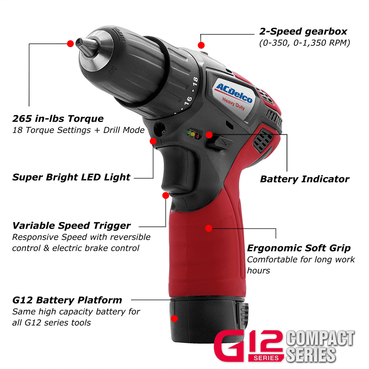 ACDelco ACDelco ARW1208-K10 G12 Series 12V Cordless Li-ion 1/4"Impact Driver, 3/8" Ratchet Wrench & 2-Speed Drill Driver Combo Tool Kit with 2 Batteries