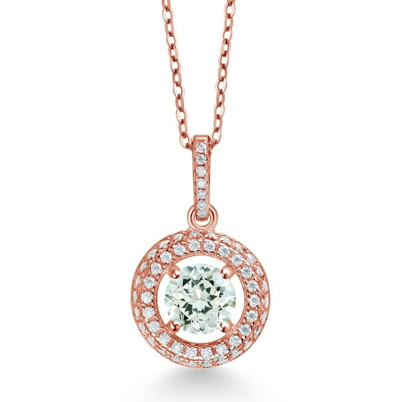 Gem Stone King 18K Rose Gold Plated Silver Sky Blue Aquamarine and White Moissanite Pendant Necklace for Women (1.00 Cttw, March Birthstone, Round 6MM, 18" Silver Chain)