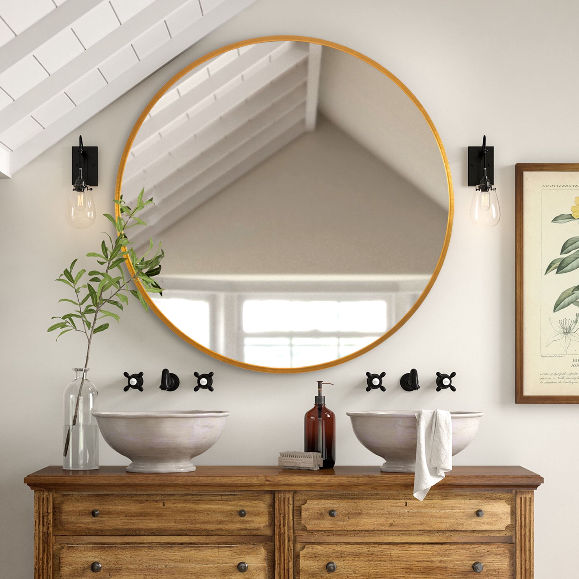 Neutypechic 35" Circle Round Wall Mounted Mirror Aluminum Alloy Framed ...