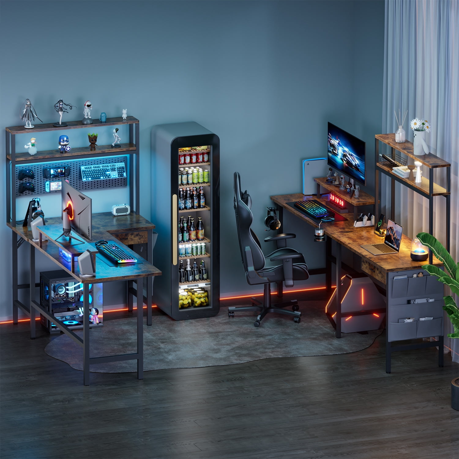 HLDIRECT L Shaped Gaming Desk with LED Light & Power Outlet, 59 Inch Reversible Corner Computer Desk with Storage Shelves & Drawer & Bag, Game Table with Hutch Monitor Stand, Rustic Brown