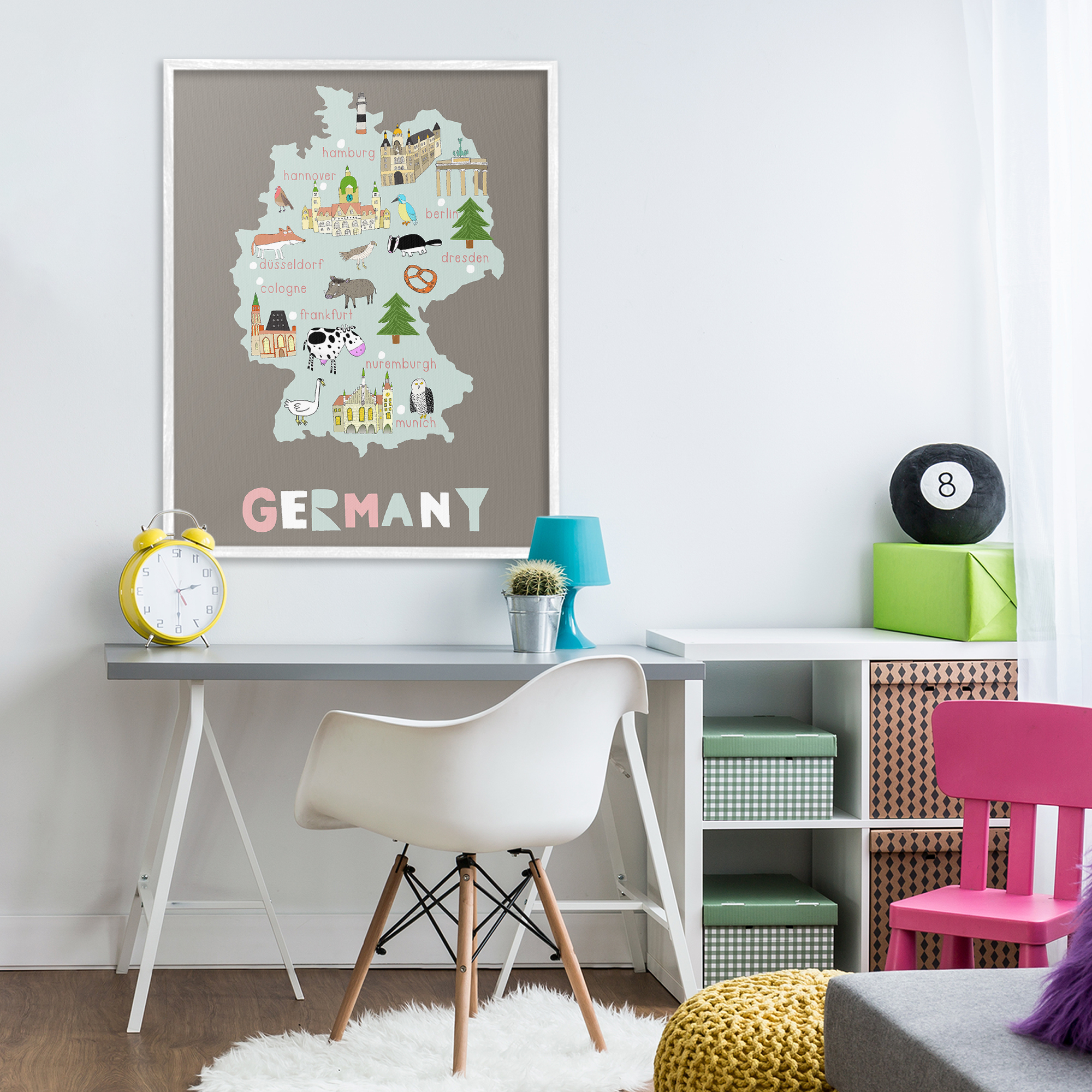 Kid's Map of Germany White Framed Giclee Art, design by Carla Daly