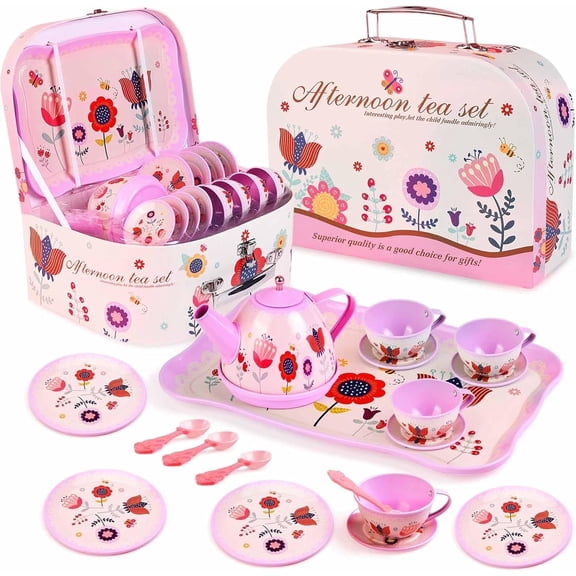 Style-Carry Kids Tea Set for Little Girls, Princess Tea Party Set for Toddlers Flower Design Toy Tea Set, Pretend Play Toys for Kids