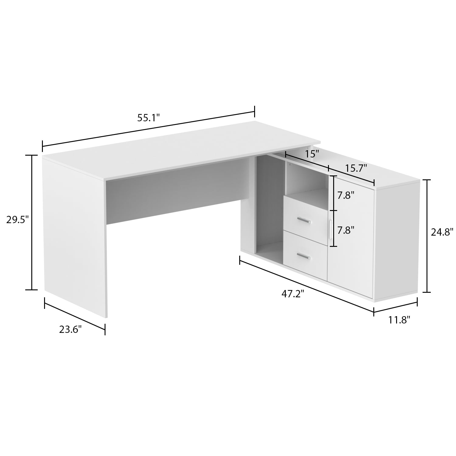 KULAGAGA Reversible L-Shaped White Writing Workstation Table, Computer Desk with Cabinet, Drawer and Shelf for Home Office Study, 55 inch